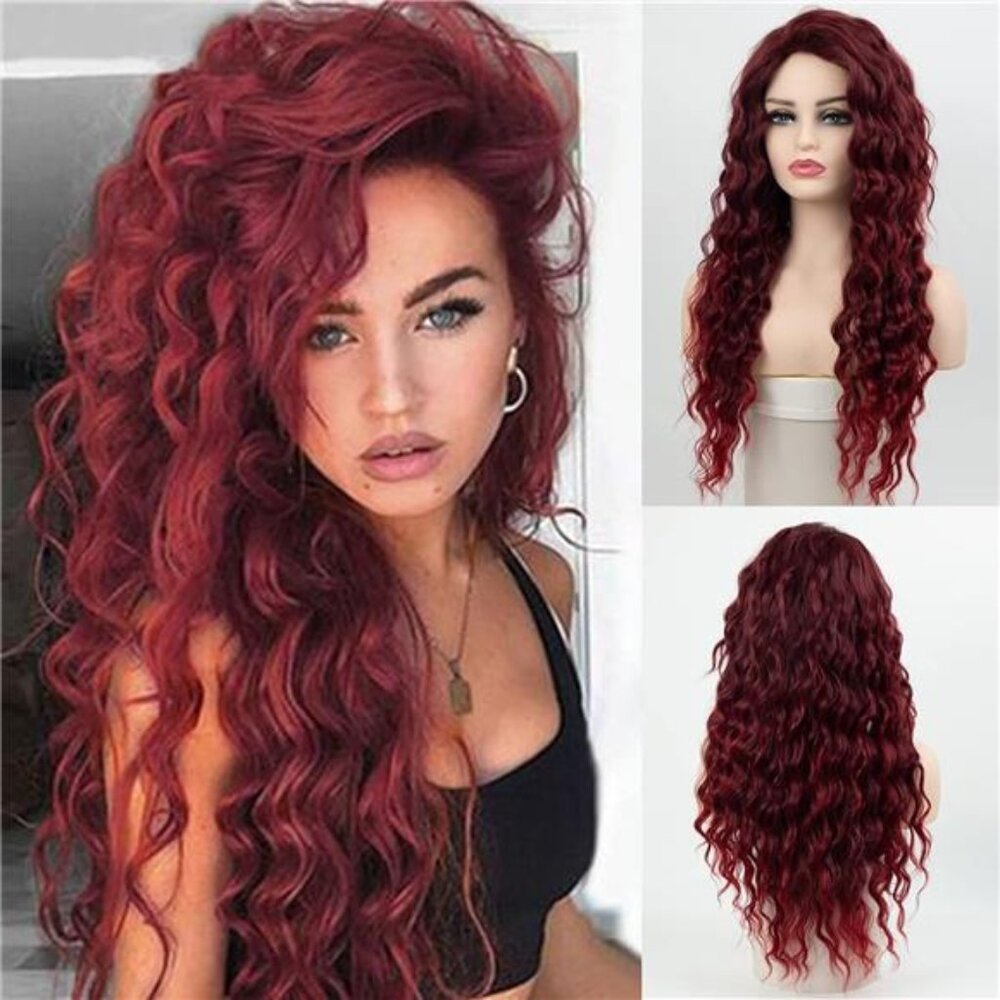 Burgundy Long Curly Wigs for Women Heat Synthetic Wig Wine Red Wavy Long Curly